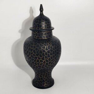 Black Gold Moroccan-Inspired Lidded Metal Urn Hand Painted Vintage Made in India